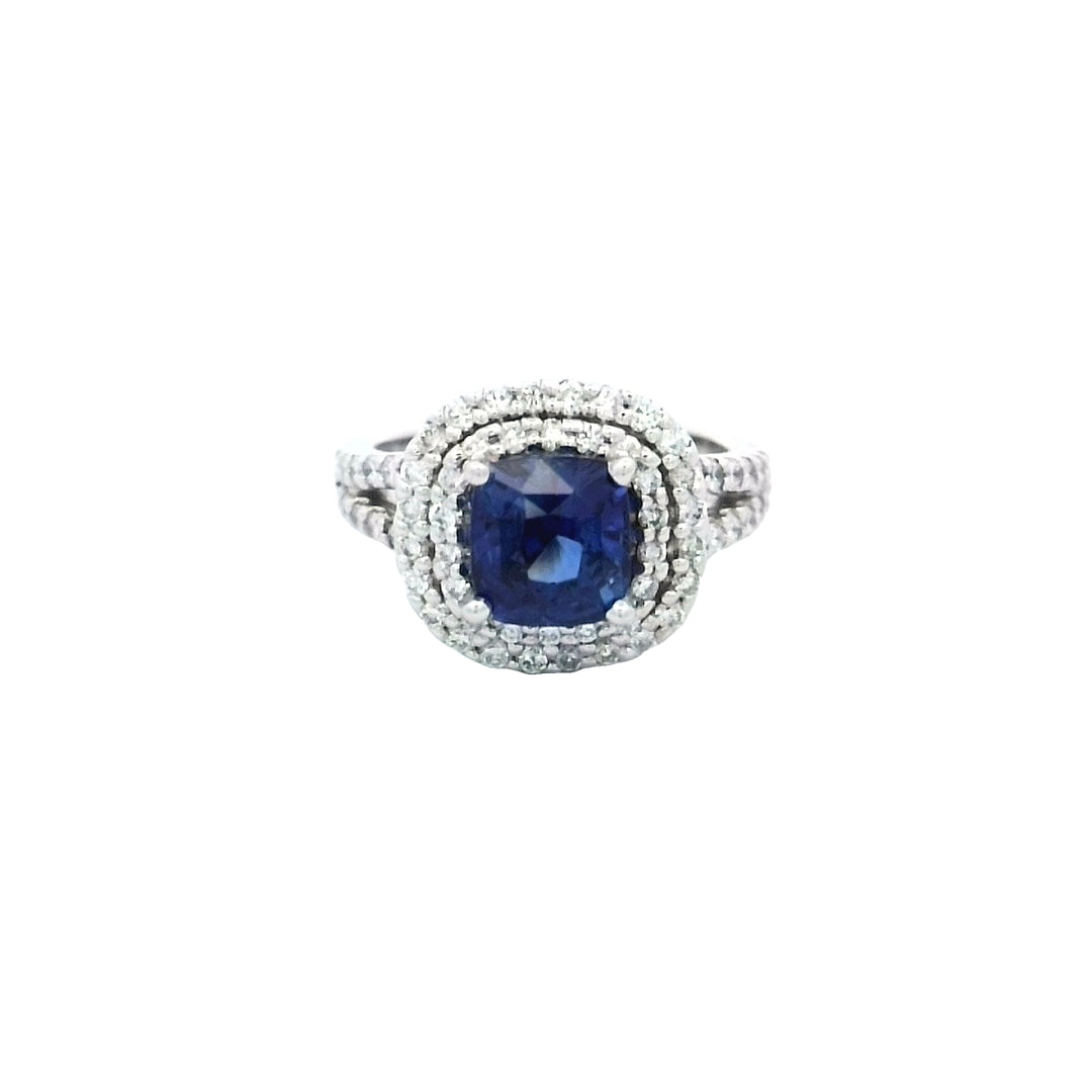 14K White Gold Sri Lankan Sapphire Diamond Halo Ring