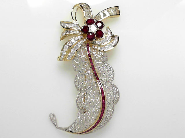 18K Gold Ruby Diamond Accent Vintage Brooch Pendant
