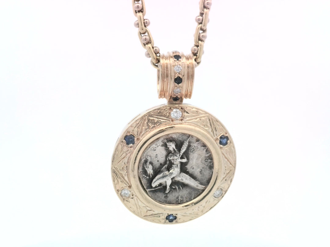 14kt Two-Tone Sapphire Diamond Coin Pendant