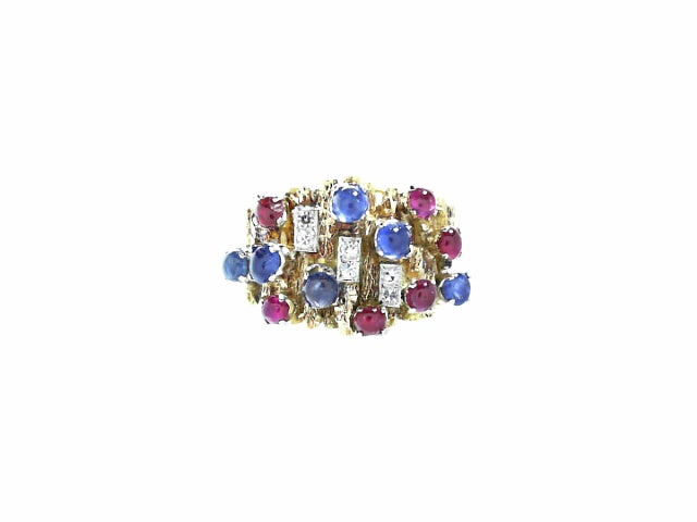 18K Gold Vintage Ruby Sapphire Diamond Cocktail Ring