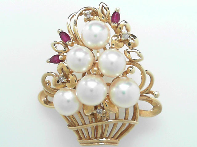 14K Gold Pearl Ruby Diamond Convertible Brooch Pendant