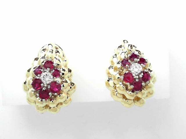 14K Gold Vintage Ruby Diamond Drop Earrings