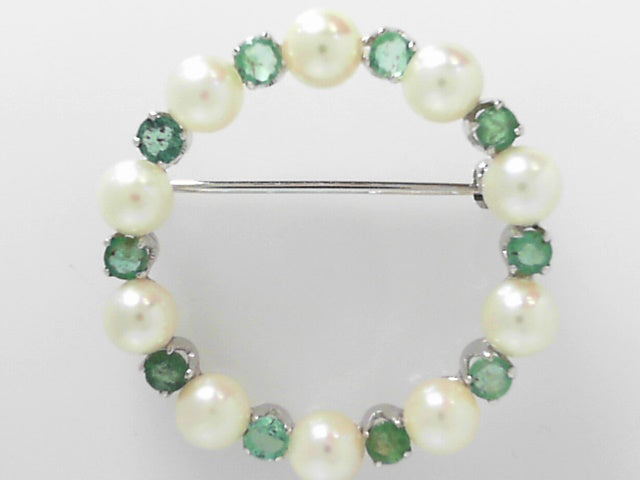 18K Gold Vintage Emerald Cut Emerald Pearl Pin