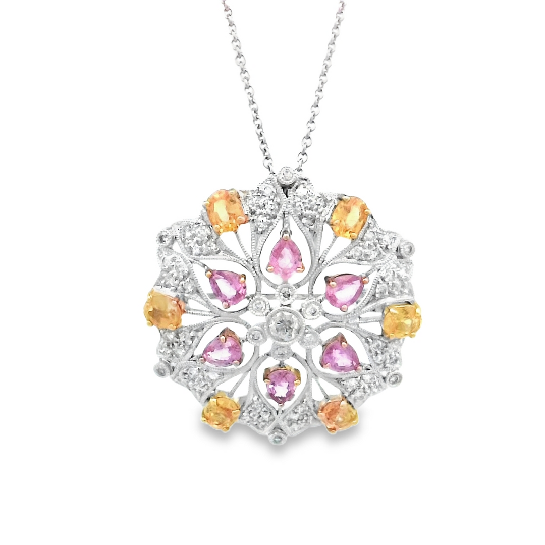 18kt White Gold Pink & Yellow Sapphire Diamond Necklace