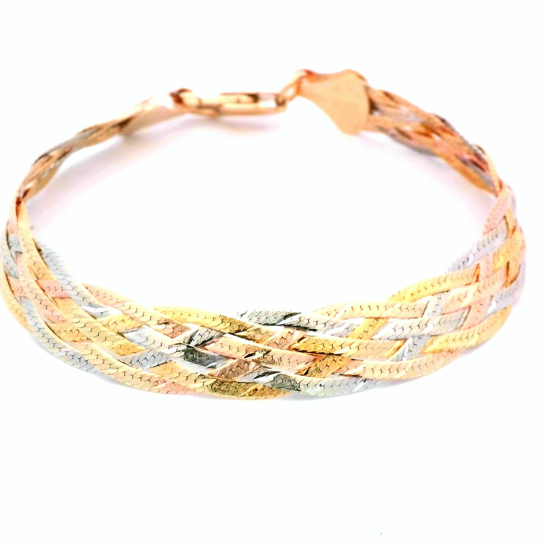 14kt Tri-Color Braided Herringbone Luxury Bracelet, 7