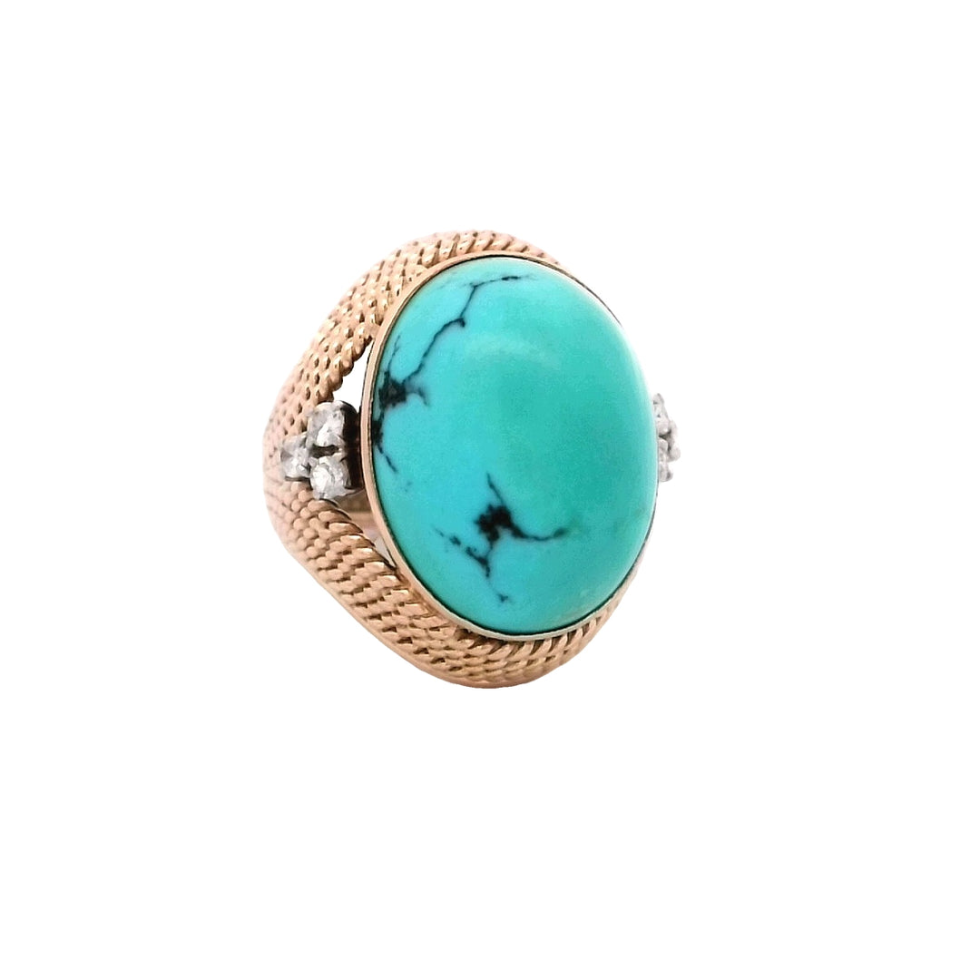 Vintage 18K Yellow Gold Turquoise Diamond Ring Sz 5