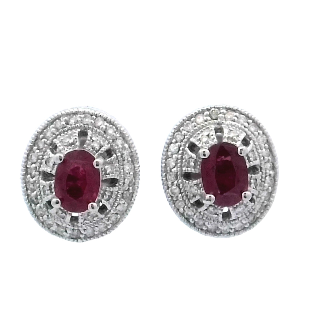 14K White Gold Glass Ruby & Diamond Drop Earrings