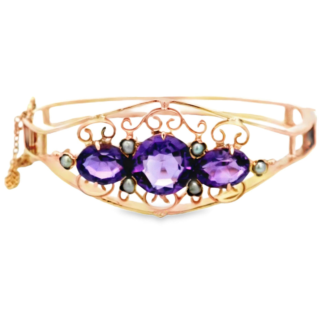 14K Yellow Gold Vintage Amethyst Pearl Bangle Bracelet