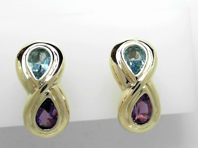 14K Gold Blue Topaz & Amethyst Drop Earrings