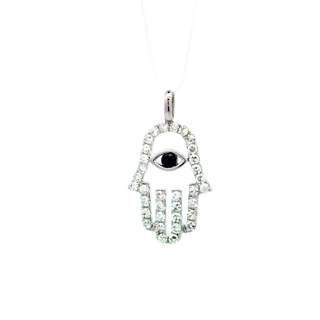 14kt White Gold Diamond Sapphire Khamsa Evil Eye Pendant