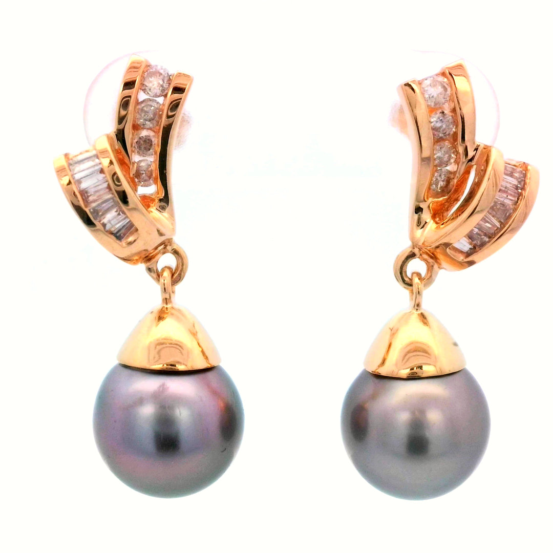 14kt Yellow Gold Black Tahitian Pearl Diamond Drop Earrings