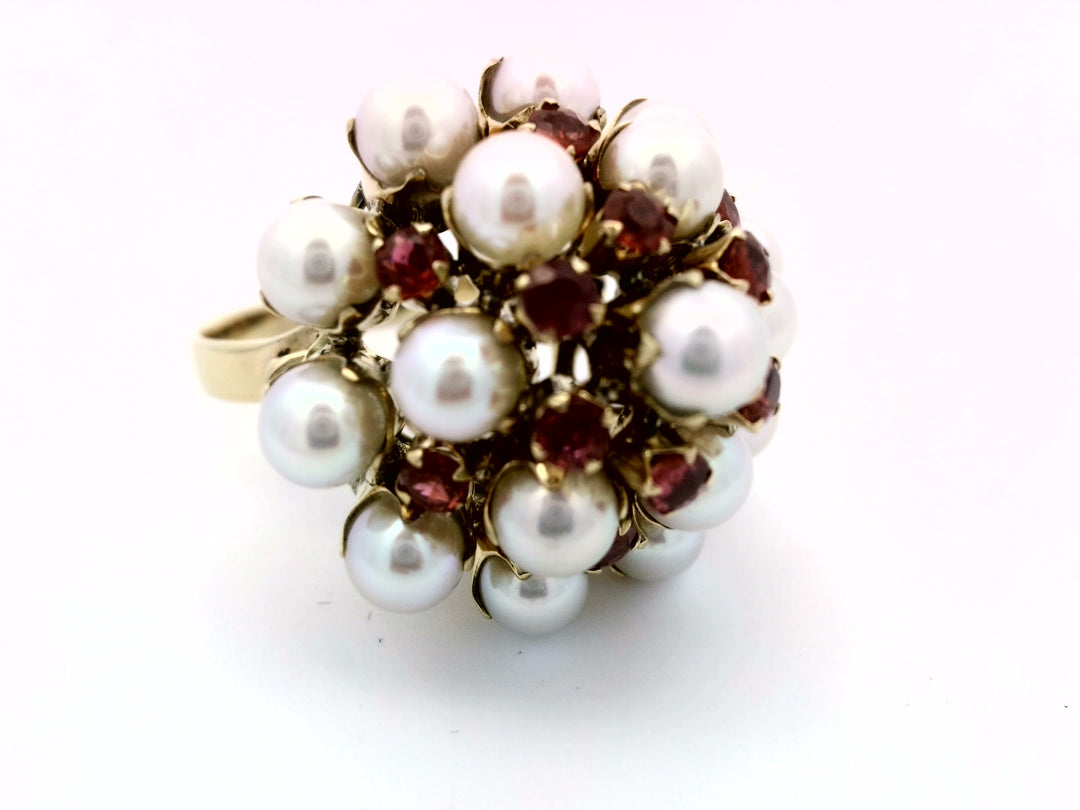 14K Yellow Gold Vintage Ruby Pearl Cluster Ring Sz 6.25