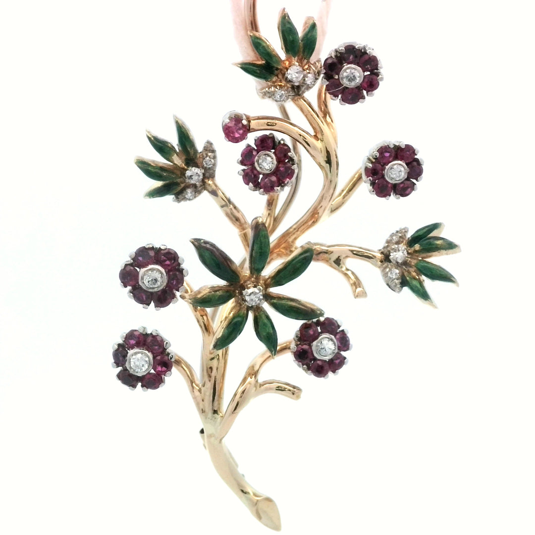 18K Yellow Gold Vintage Ruby Diamond Flower Brooch Pin