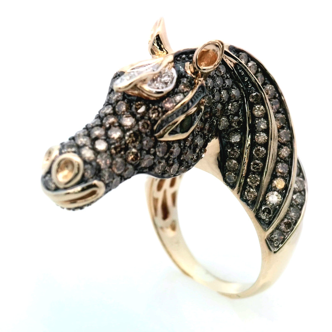 14K Yellow Gold 2ct Diamond Horse Statement Ring, Size 7
