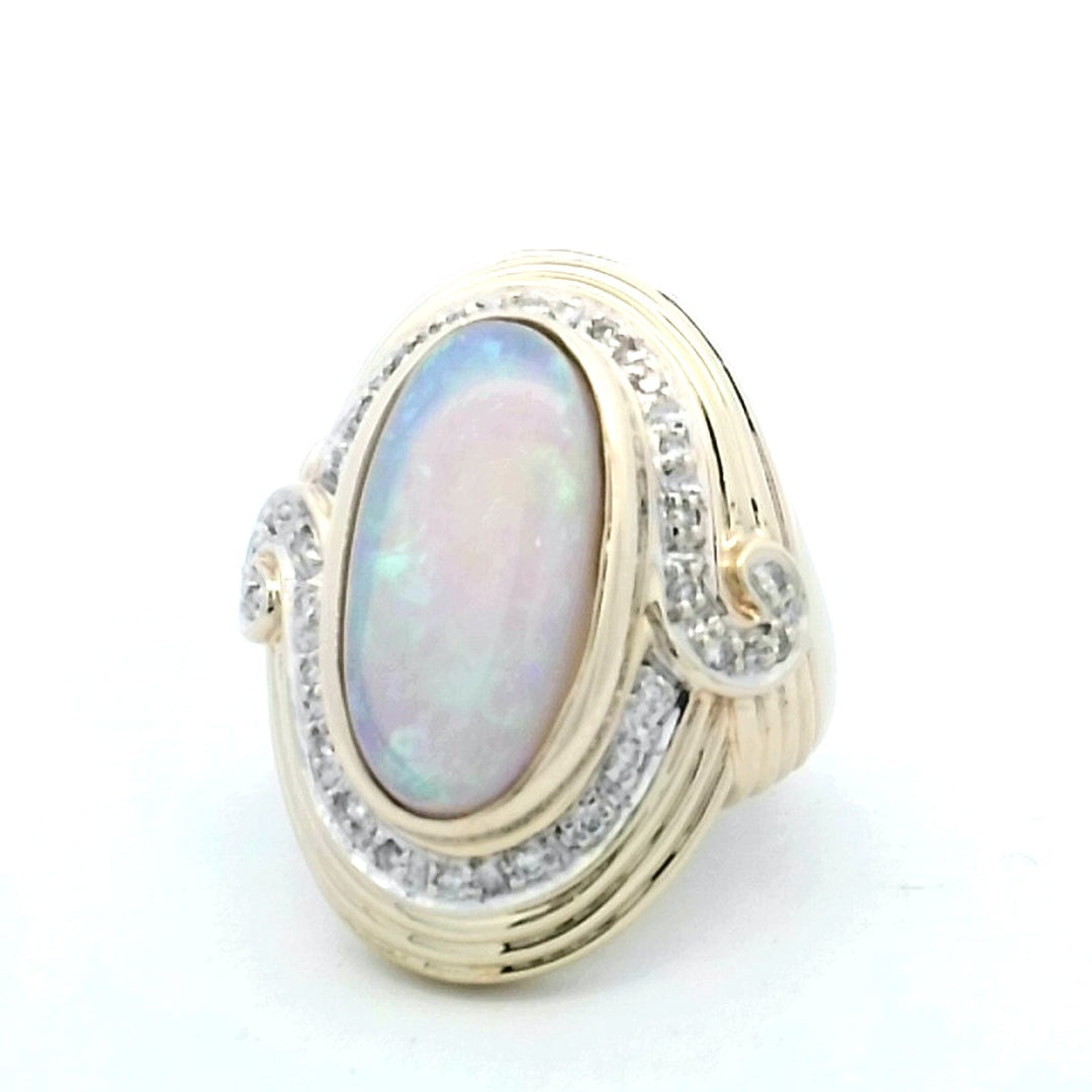 14K Yellow Gold Opal Diamond Cluster Ring