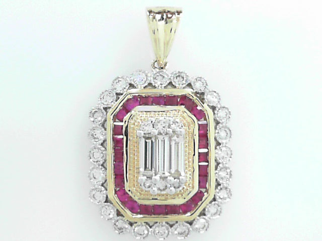 14K Yellow Gold Ruby & Diamond Cluster Pendant