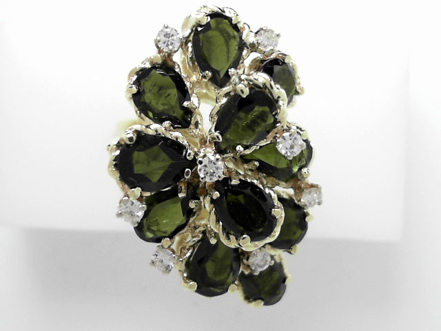 14K Yellow Gold Green Tourmaline Diamond Cluster Ring