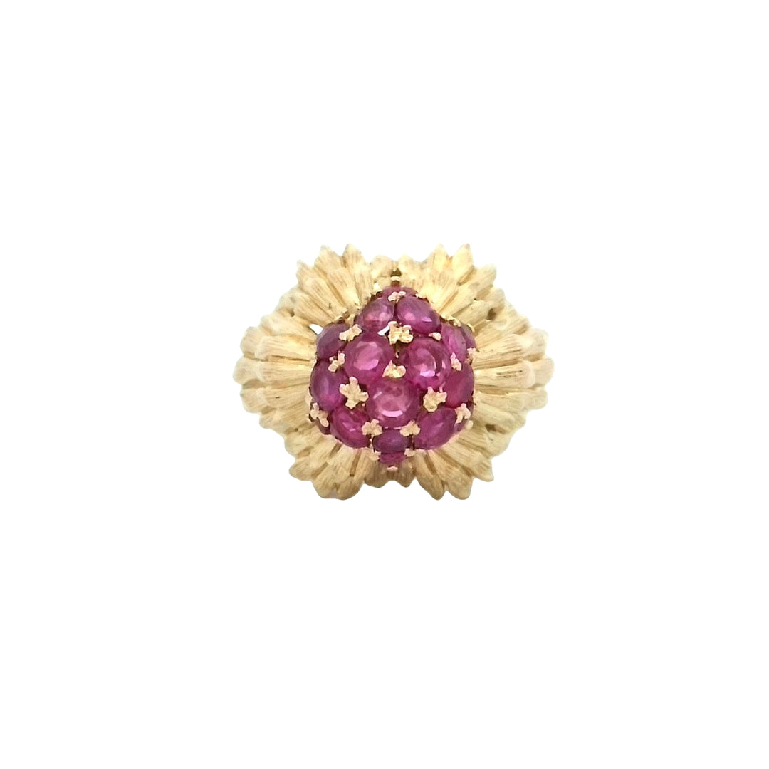 18K Yellow Gold Vintage Ruby Flower Cluster Ring