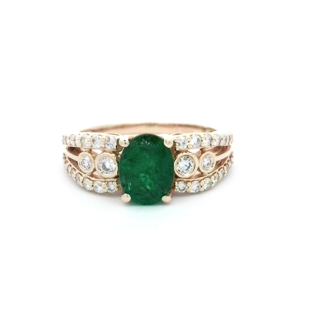 14K Yellow Gold Emerald Cut Emerald Diamond Cluster Ring