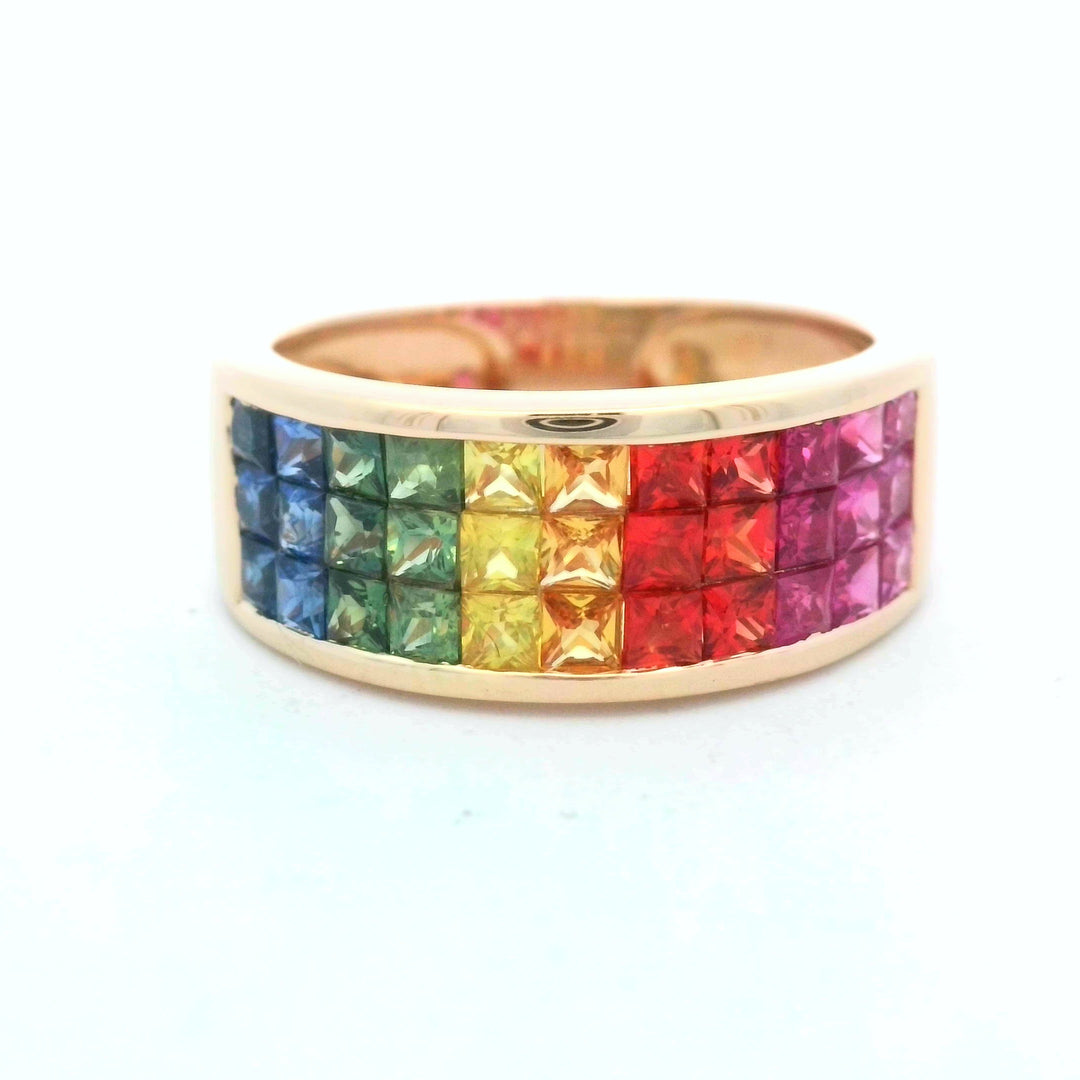 14K Yellow Gold Rainbow Sapphire Geometric Band Ring