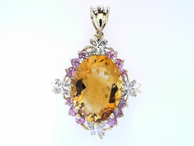 14K Gold Citrine Amethyst Diamond Pendant Necklace