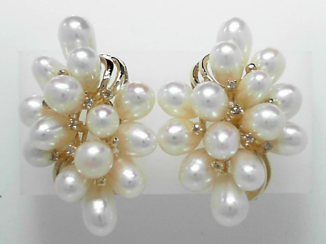 14K Gold Pearl & Diamond Cluster Drop Earrings