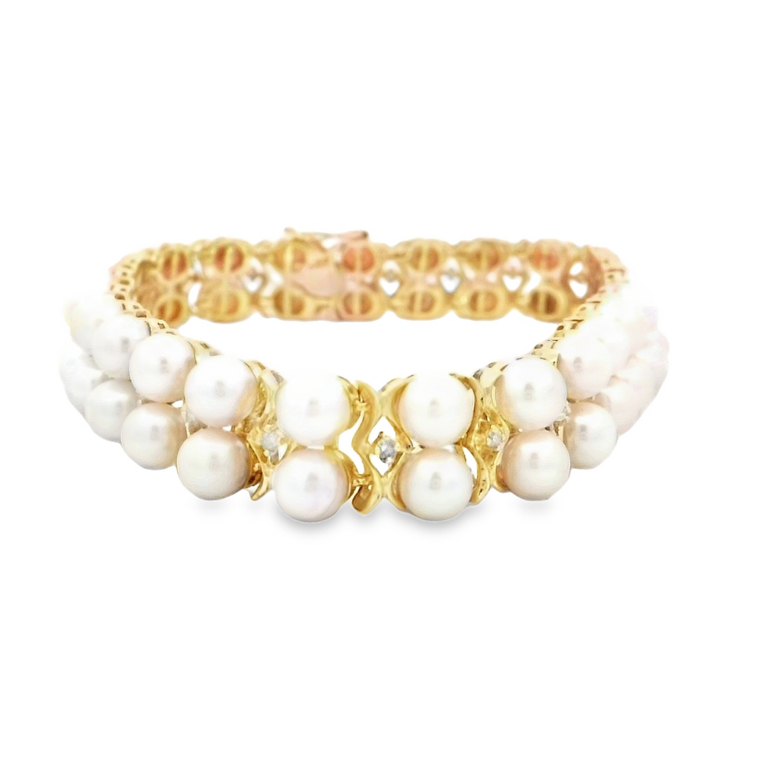 14kt Yellow Gold Diamond & Pearl Double Row Bracelet