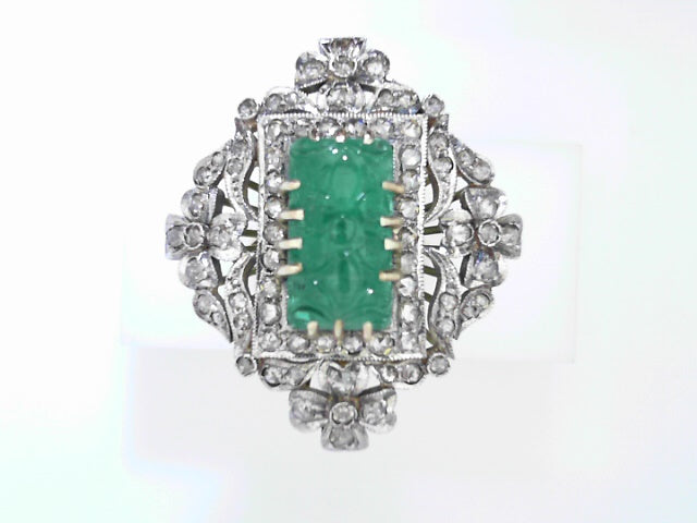 Vintage 14k Gold Hand-Carved Jade Diamond Women's Ring