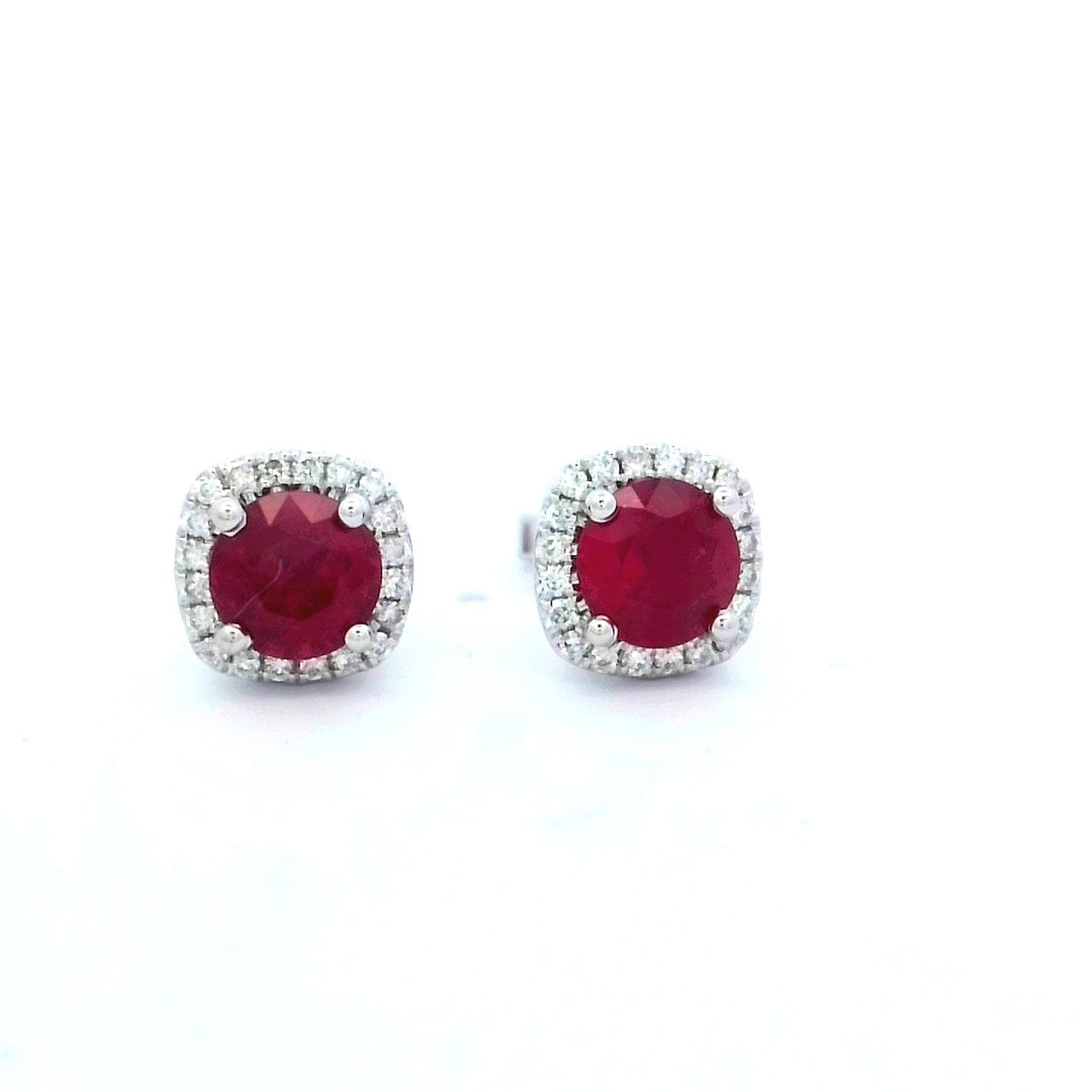 18K White Gold Burma Ruby Diamond Halo Stud Earrings