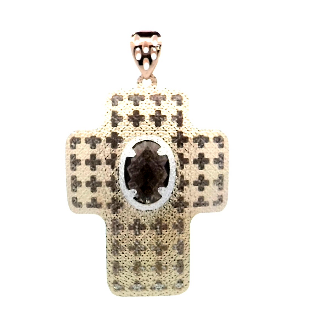 14kt Two-Tone Diamond Cut Smokey Quartz Cross Pendant