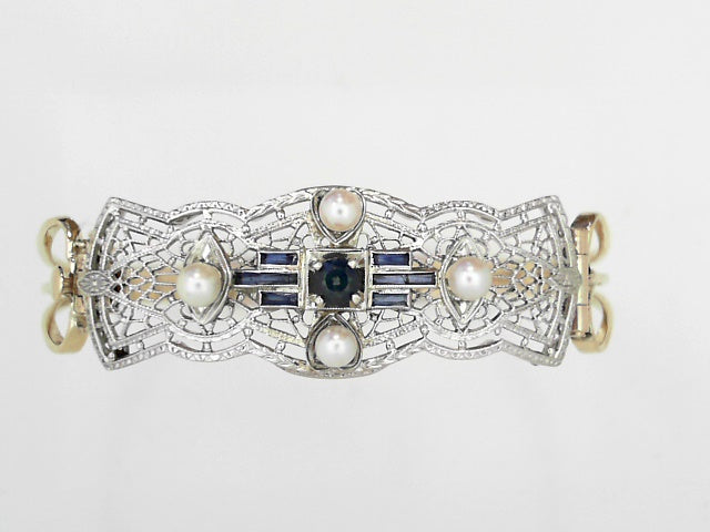 14kt Gold Vintage Pearl Sapphire Bangle Bracelet