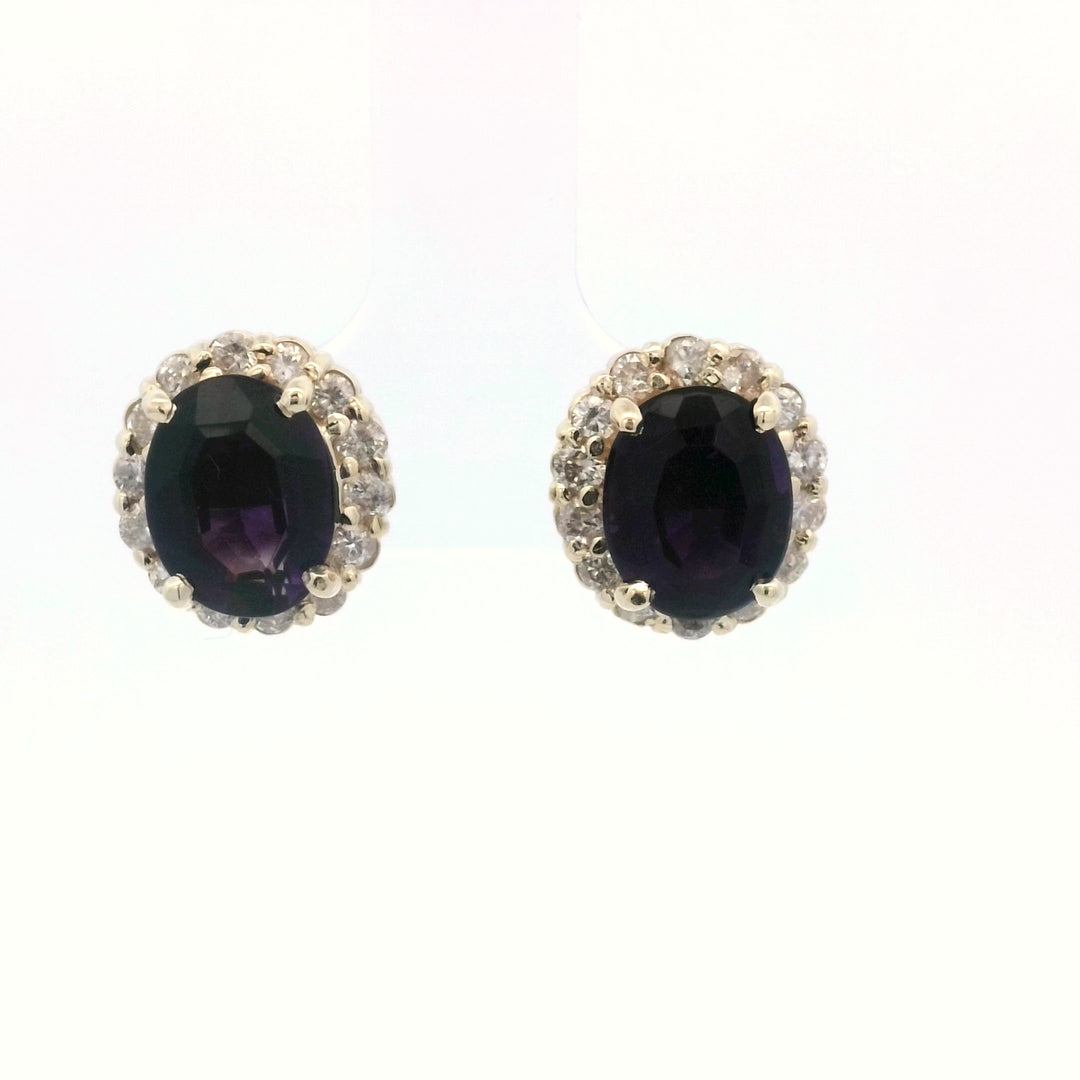 14K Yellow Gold Amethyst Diamond Oval Stud Earrings