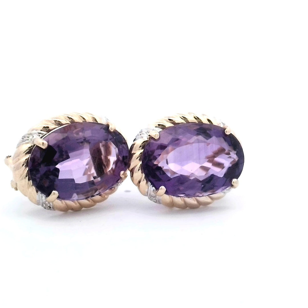 14K Yellow Gold Vintage Amethyst Diamond Drop Earrings