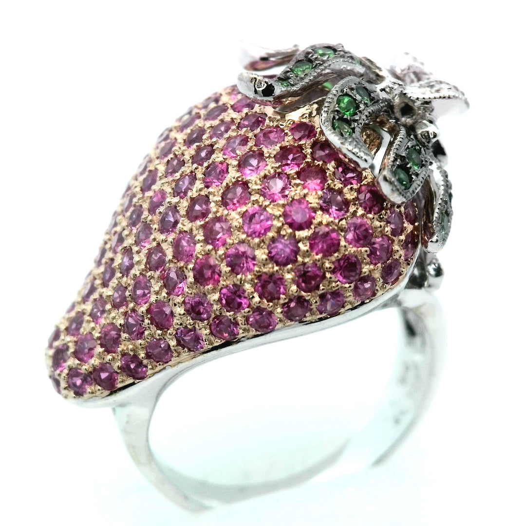 18K White Gold Ruby Garnet Diamond Emerald Cut Ring