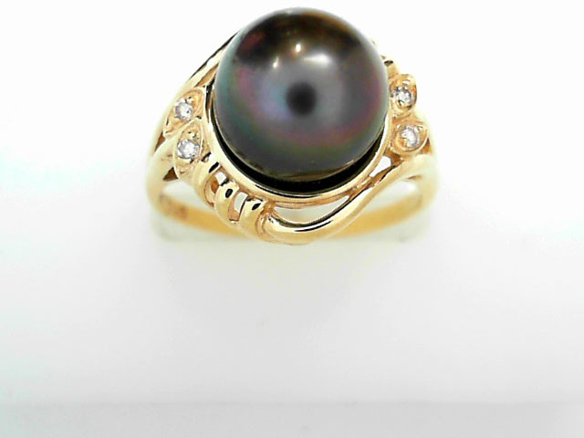 14kt Gold Black Tahitian Pearl Diamond Accent Ring