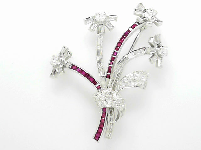 Vintage Platinum Ruby Diamond Brooch 3ctw Antique Pin