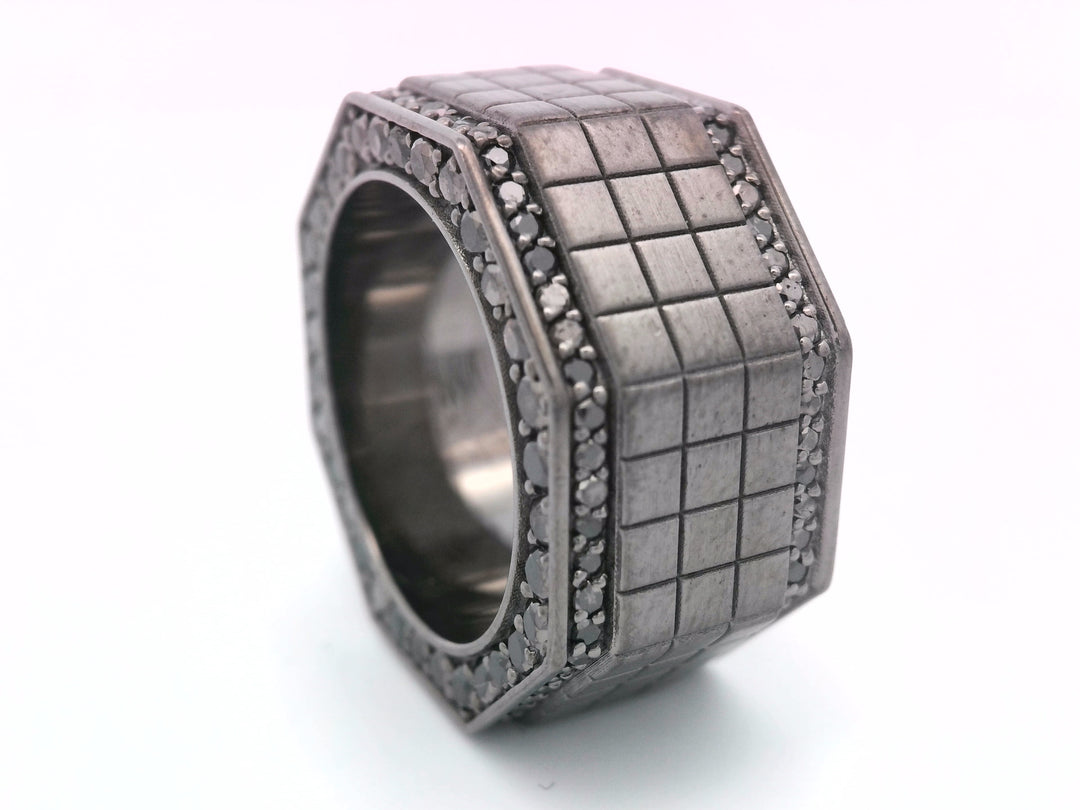 14K White Gold Black Diamond Hex Men's Wedding Band Ring