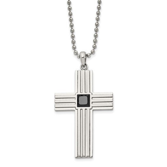 Stainless Steel Black CZ Cross Pendant Necklace
