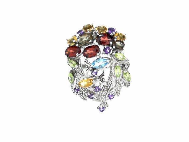 Multi-Color Gemstone Silver Ring - Artisan 12.1g Jewelry