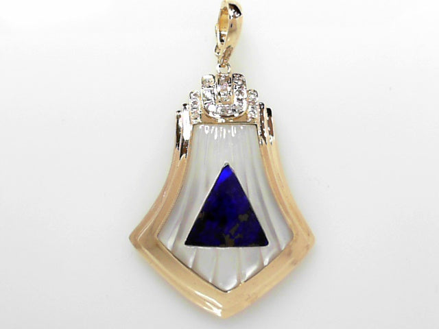 Elegant Diamond Lapis Pearl Gold Pendant Necklace