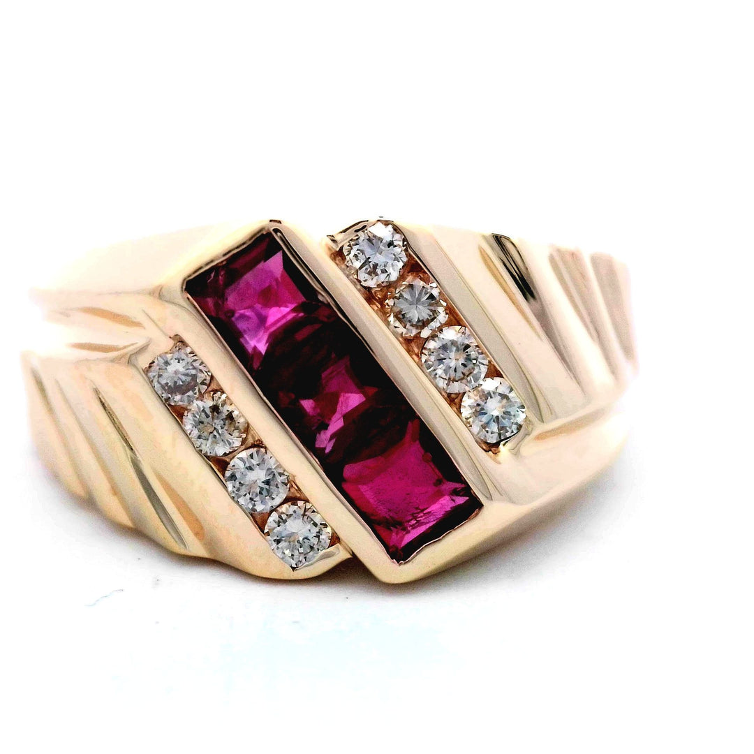 14K Yellow Gold Ruby Diamond Men's Geometric Pinky Ring