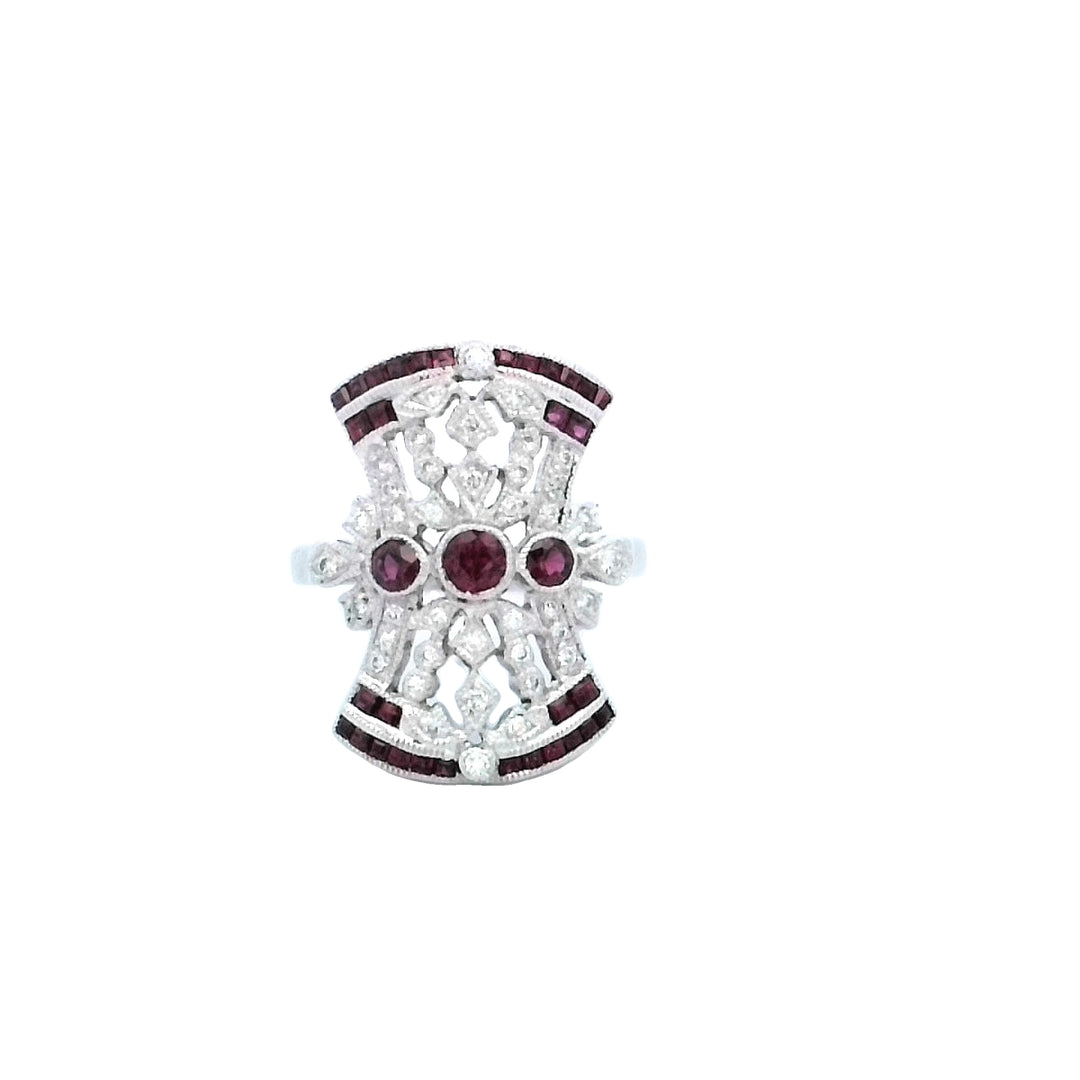 14kt Yellow Gold LeVian Ruby Diamond Art Deco Cluster Ring