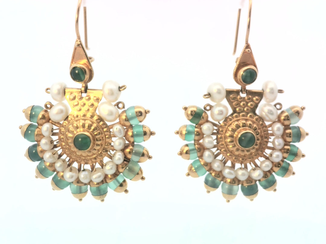 18K Yellow Gold Vintage Pearl Jade Drop Earrings