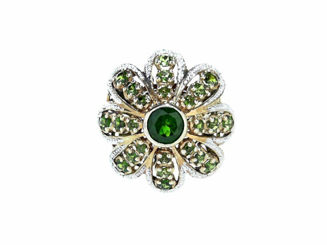 Luminous Silver Chrome Diopside & Diamond Statement Ring