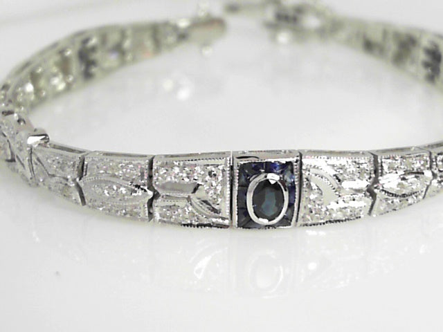 14K White Gold Art Deco Sapphire Diamond Bracelet