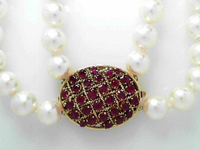 14kt Gold Vintage Pearl Ruby Strand Necklace Elegant Gem