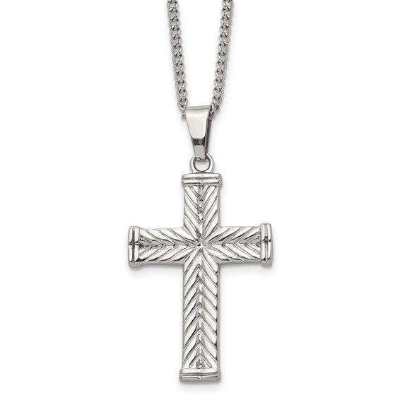 Stainless Steel Textured Cross Pendant Necklace, 22-Inch Chain