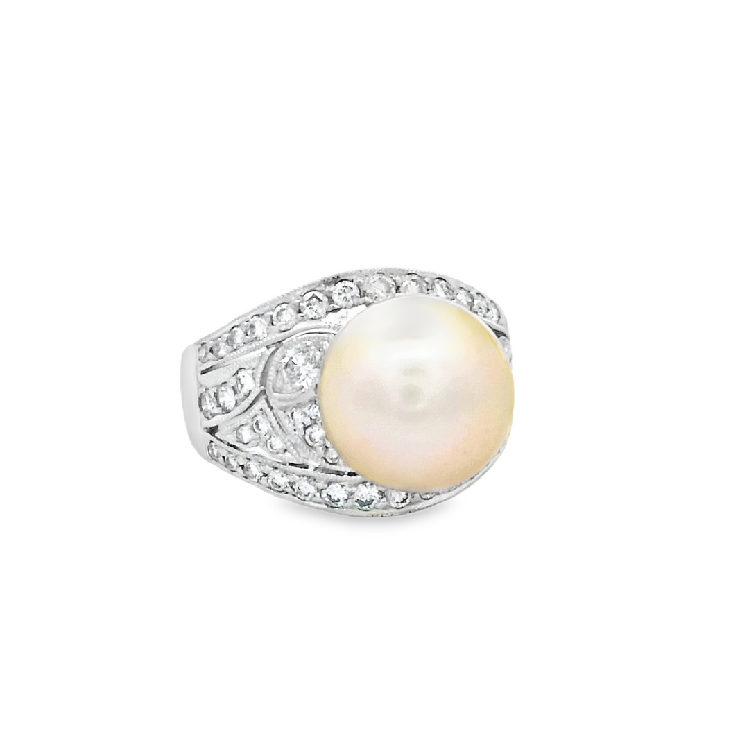 Platinum 11mm South Sea Pearl & Diamond Vintage Cluster Ring