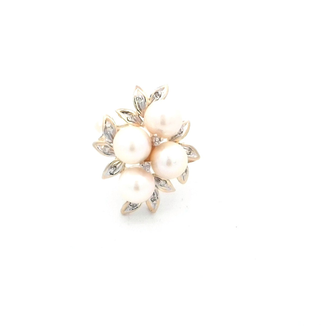 14kt Yellow Gold Vintage Pearl Diamond Cluster Ring