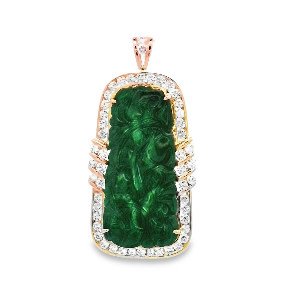 18kt Yellow Gold Green Jade Diamond Pendant Artisan Carved